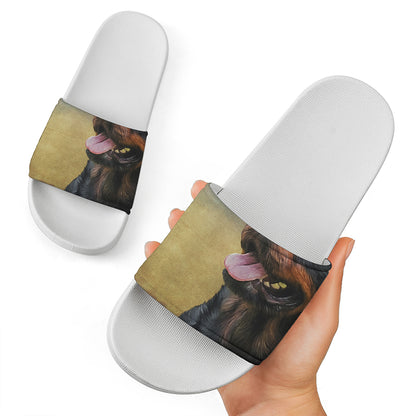 Vintage Rottweiler Portrait Print White Slide Sandals