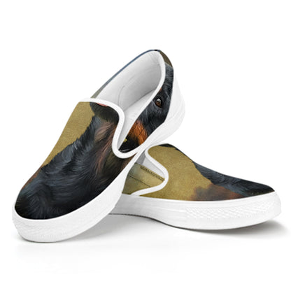 Vintage Rottweiler Portrait Print White Slip On Shoes