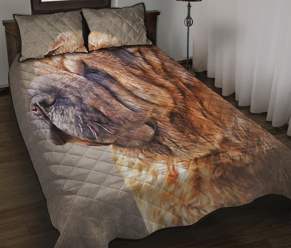 Vintage Shar Pei Print Quilt Bed Set