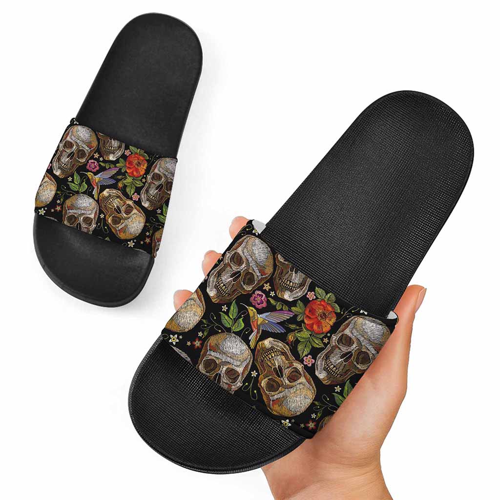 Vintage Skull Pattern Print Black Slide Sandals