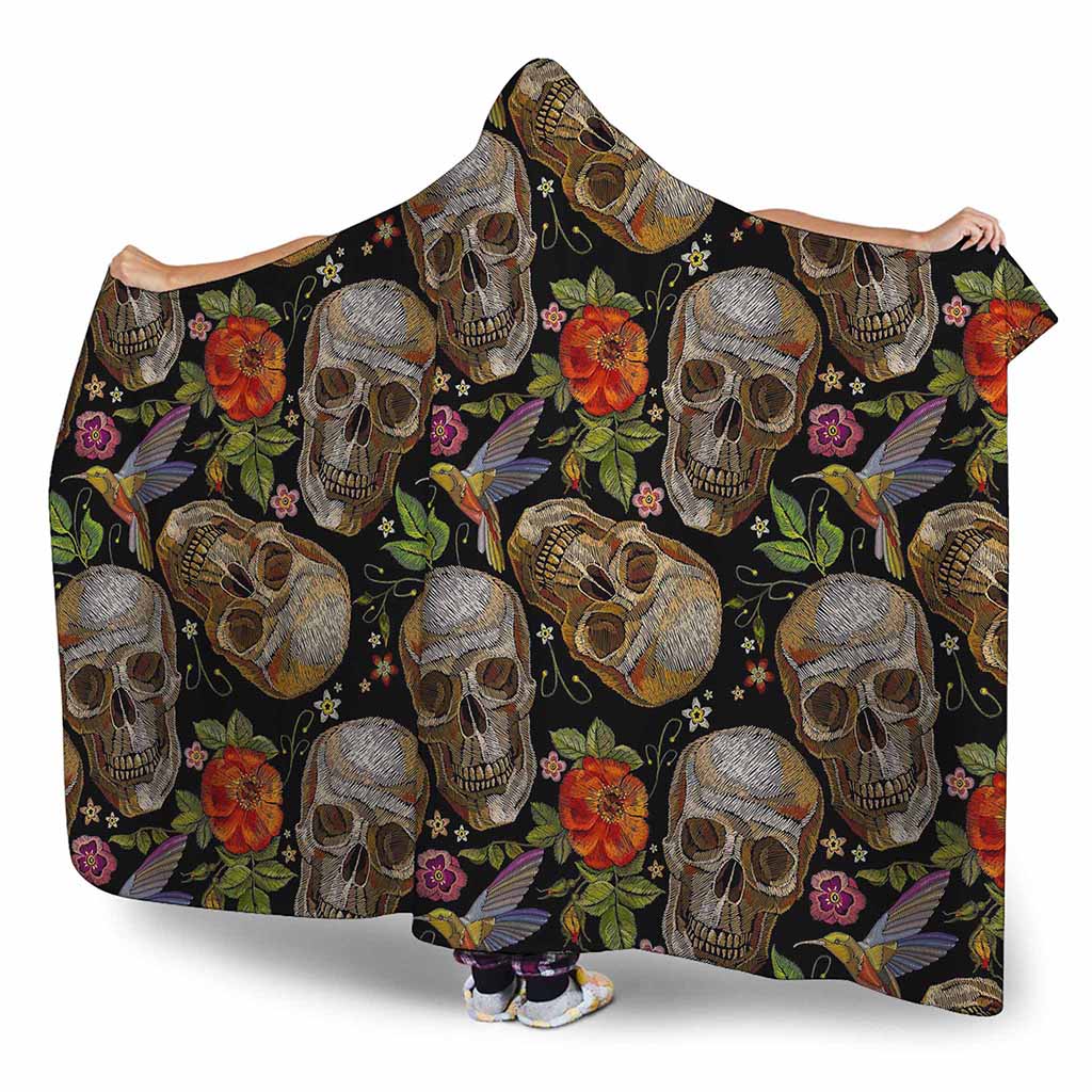 Vintage Skull Pattern Print Hooded Blanket