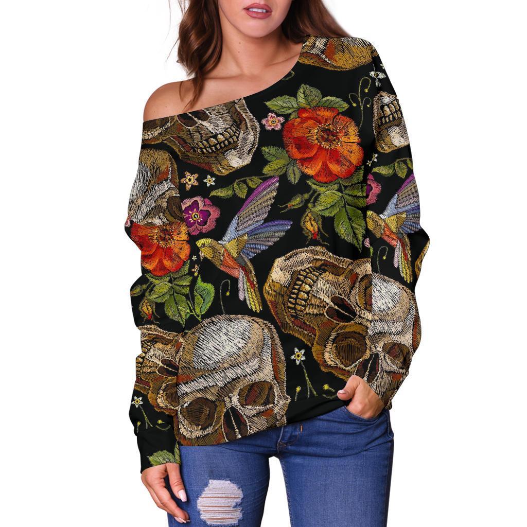 Vintage Skull Pattern Print Off Shoulder Sweatshirt GearFrost