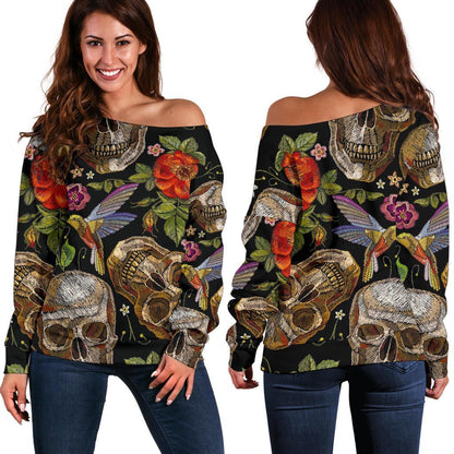 Vintage Skull Pattern Print Off Shoulder Sweatshirt GearFrost