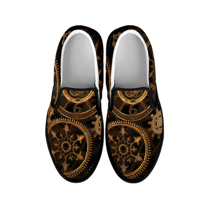 Vintage Steampunk Gears Print Black Slip On Shoes