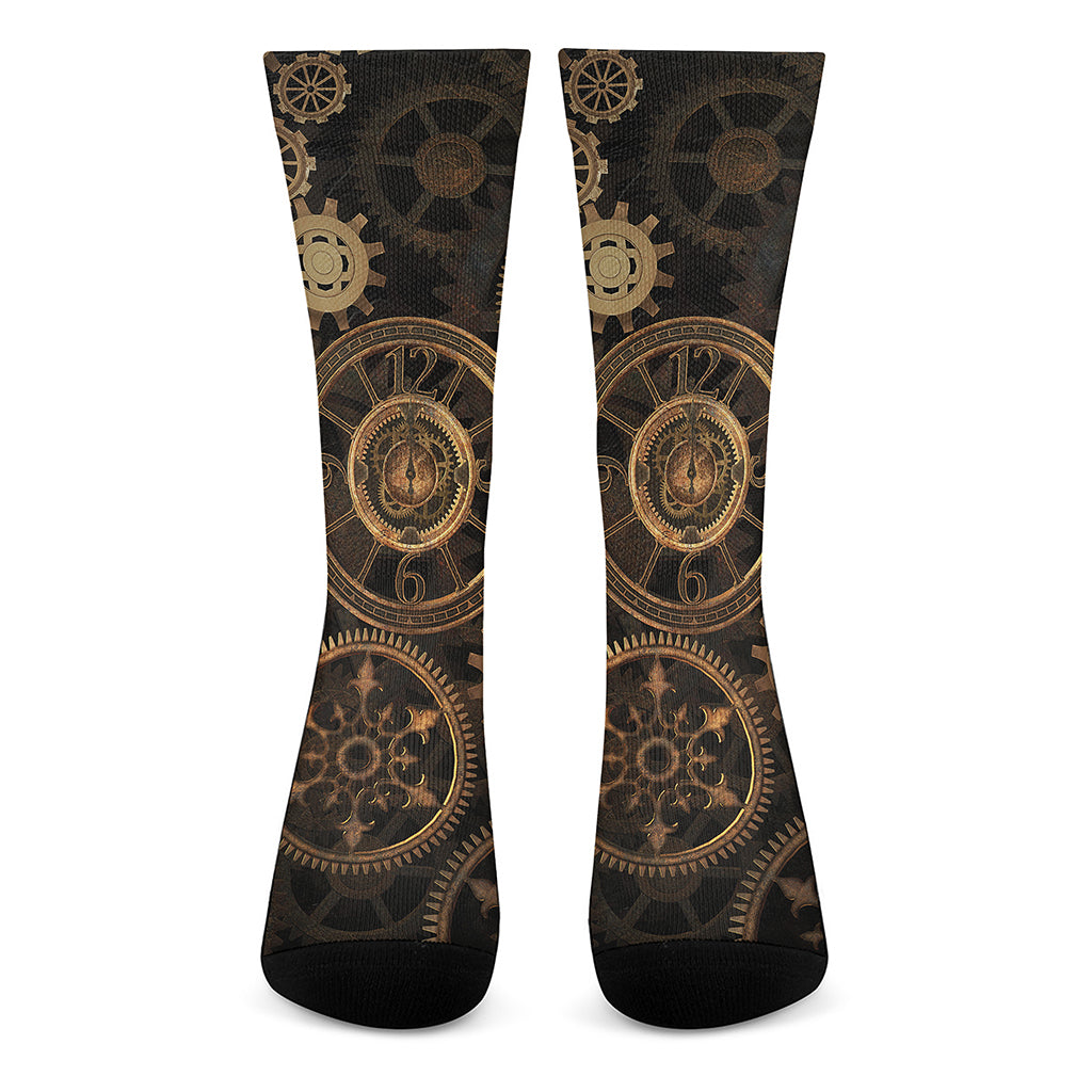 Vintage Steampunk Gears Print Crew Socks