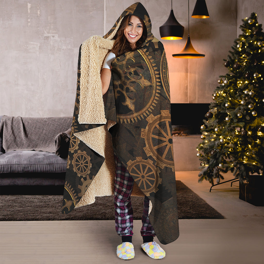 Vintage Steampunk Gears Print Hooded Blanket
