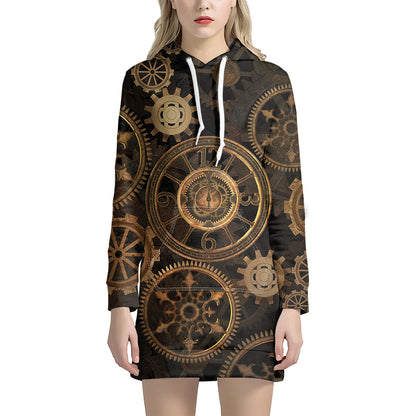 Vintage Steampunk Gears Print Hoodie Dress