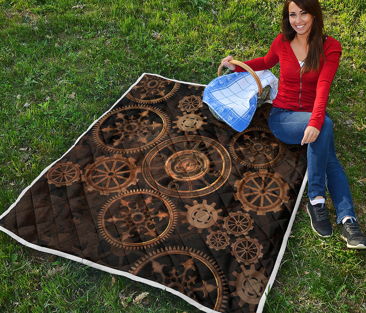 Vintage Steampunk Gears Print Quilt