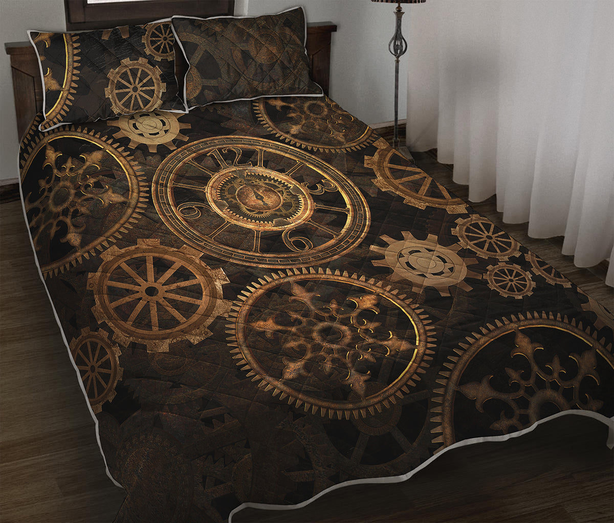 Vintage Steampunk Gears Print Quilt Bed Set