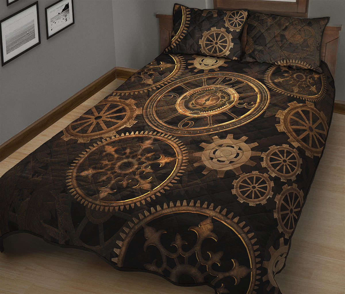 Vintage Steampunk Gears Print Quilt Bed Set