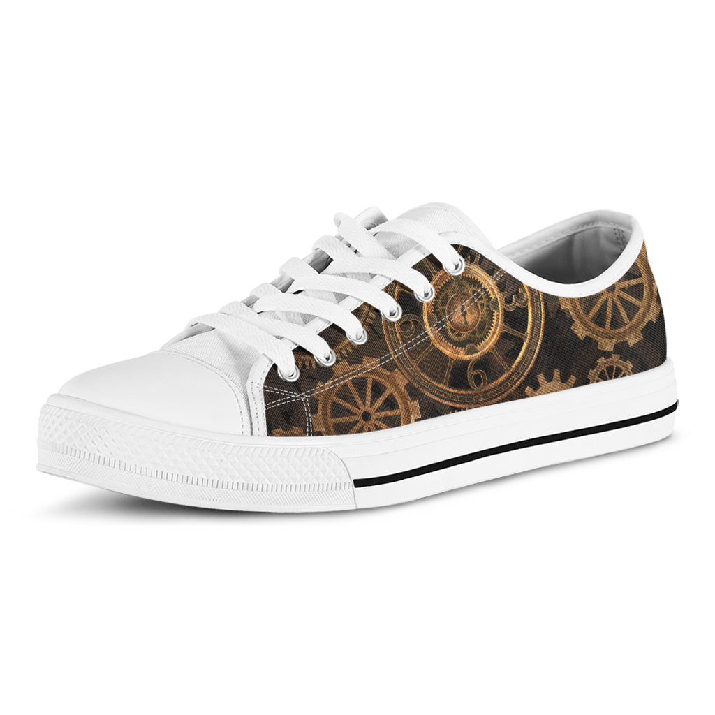Vintage Steampunk Gears Print White Low Top Shoes