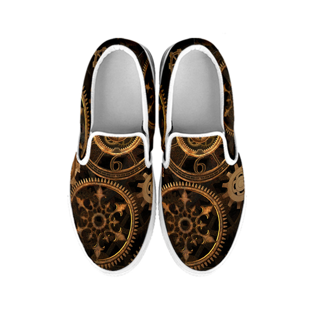 Vintage Steampunk Gears Print White Slip On Shoes