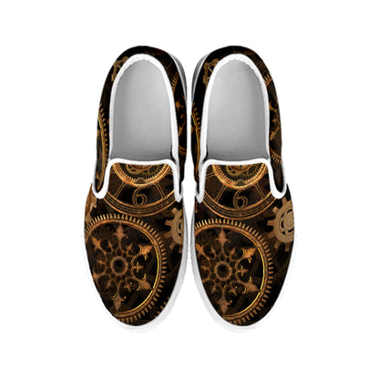 Vintage Steampunk Gears Print White Slip On Shoes