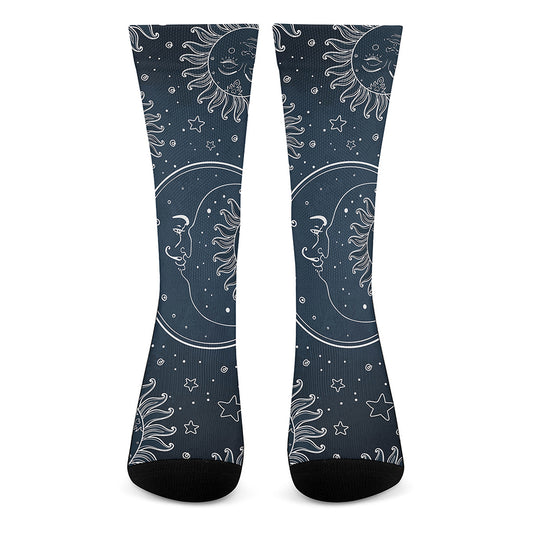 Vintage Sun And Moon Pattern Print Crew Socks