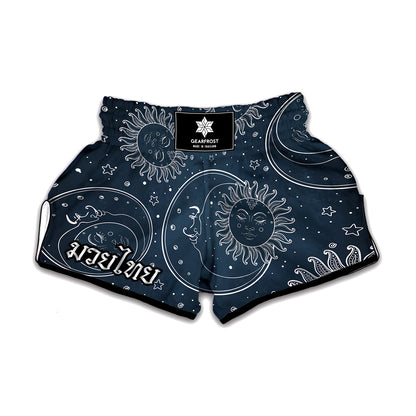 Vintage Sun And Moon Pattern Print Muay Thai Boxing Shorts