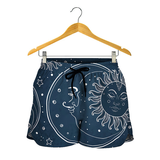 Vintage Sun And Moon Pattern Print Women's Shorts