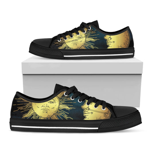 Vintage Sun And Moon Print Black Low Top Shoes 