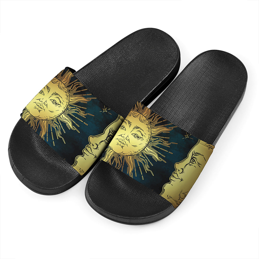 Vintage Sun And Moon Print Black Slide Sandals