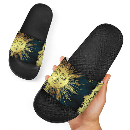 Vintage Sun And Moon Print Black Slide Sandals