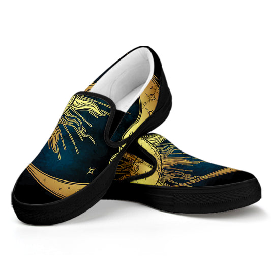 Vintage Sun And Moon Print Black Slip On Shoes