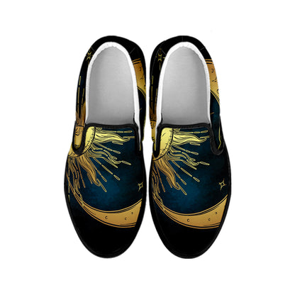 Vintage Sun And Moon Print Black Slip On Shoes