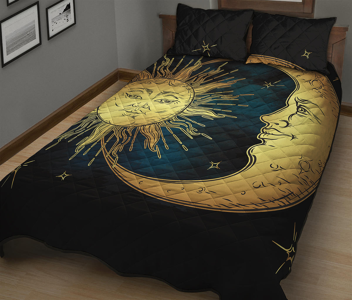 Vintage Sun And Moon Print Quilt Bed Set
