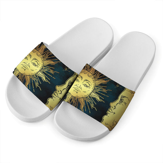 Vintage Sun And Moon Print White Slide Sandals