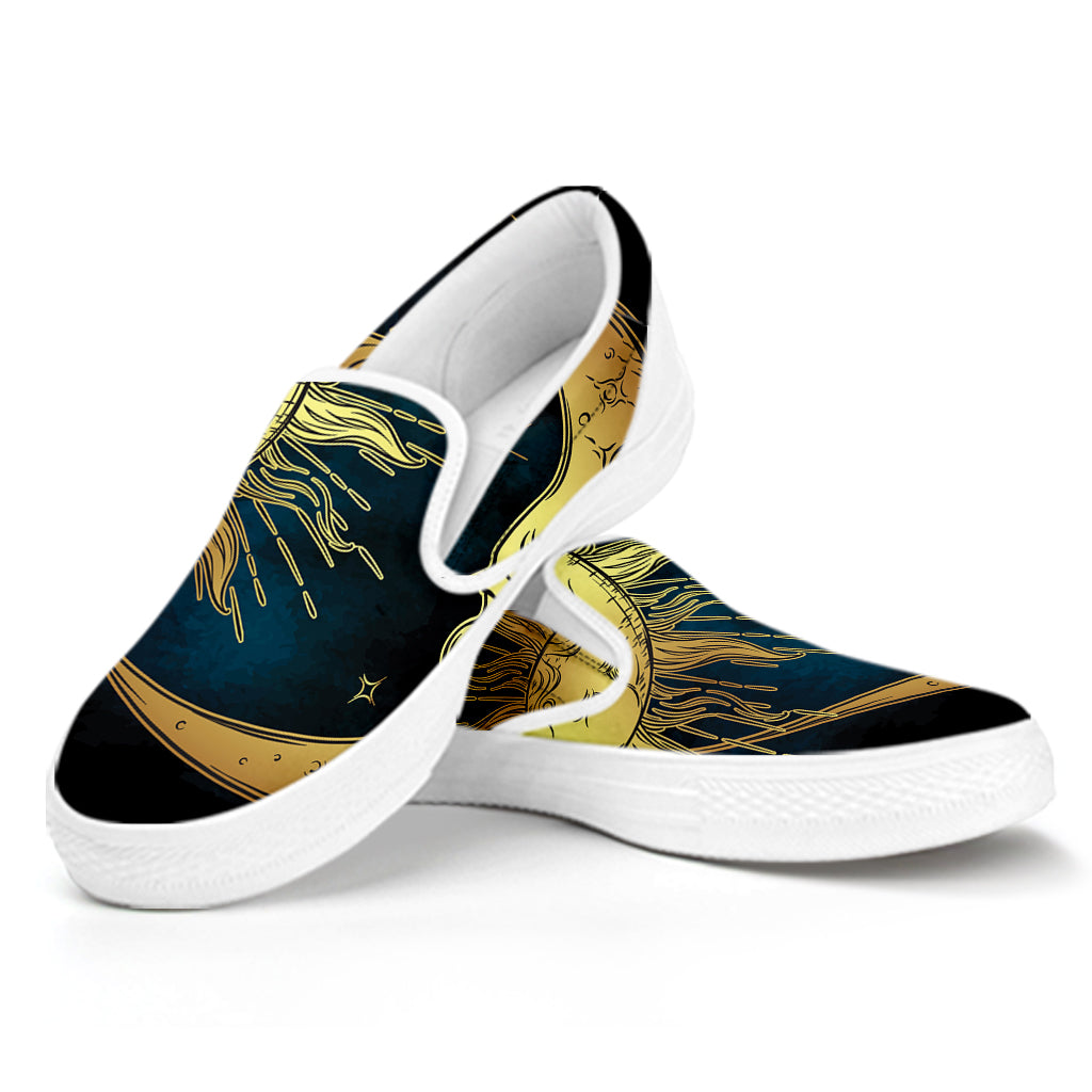Vintage Sun And Moon Print White Slip On Shoes