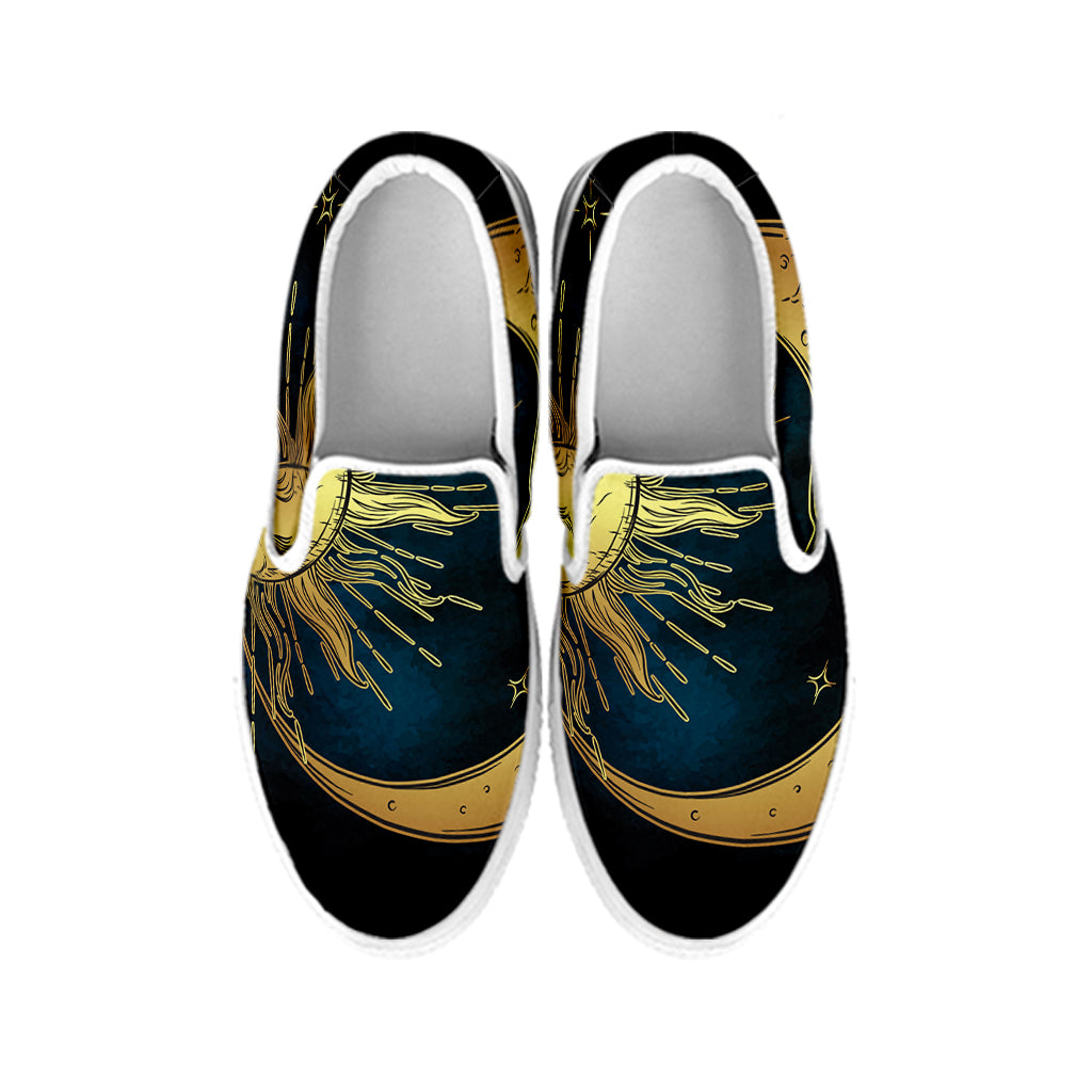 Vintage Sun And Moon Print White Slip On Shoes