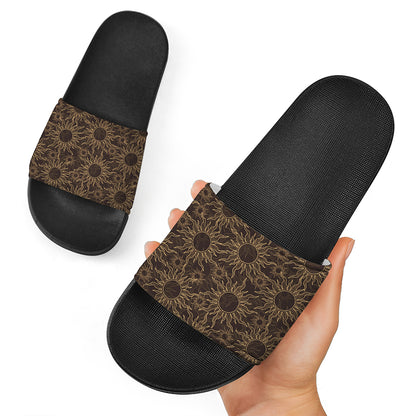 Vintage Sun Pattern Print Black Slide Sandals