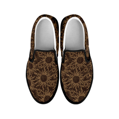 Vintage Sun Pattern Print Black Slip On Shoes