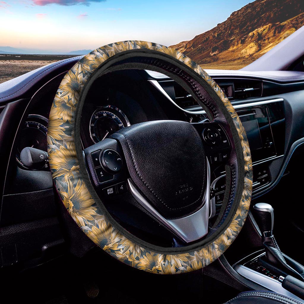 Vintage Sunflower Pattern Print Car Steering Wheel Cover