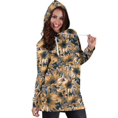 Vintage Sunflower Pattern Print Hoodie Dress GearFrost