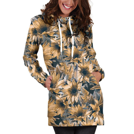 Vintage Sunflower Pattern Print Hoodie Dress GearFrost