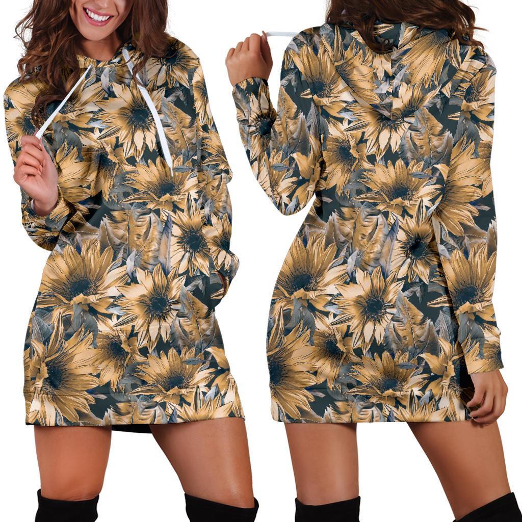 Vintage Sunflower Pattern Print Hoodie Dress GearFrost
