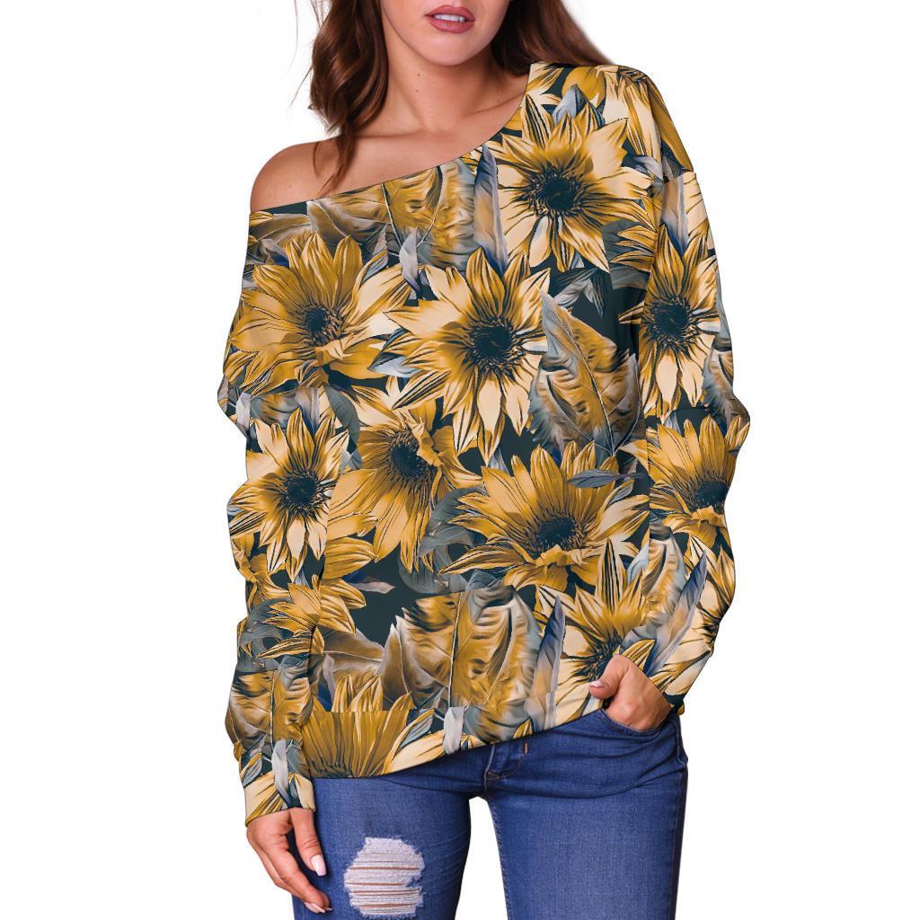 Vintage Sunflower Pattern Print Off Shoulder Sweatshirt GearFrost