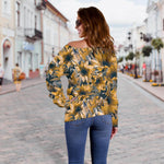 Vintage Sunflower Pattern Print Off Shoulder Sweatshirt GearFrost
