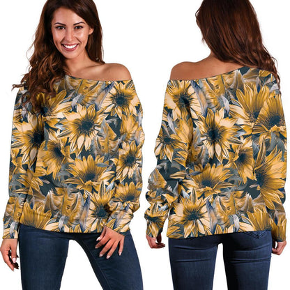 Vintage Sunflower Pattern Print Off Shoulder Sweatshirt GearFrost