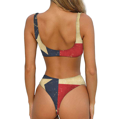 Vintage Texas Flag Print Front Bow Tie Bikini