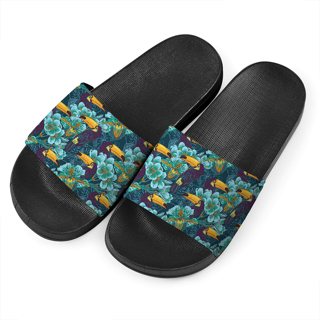 Vintage Toucan Pattern Print Black Slide Sandals