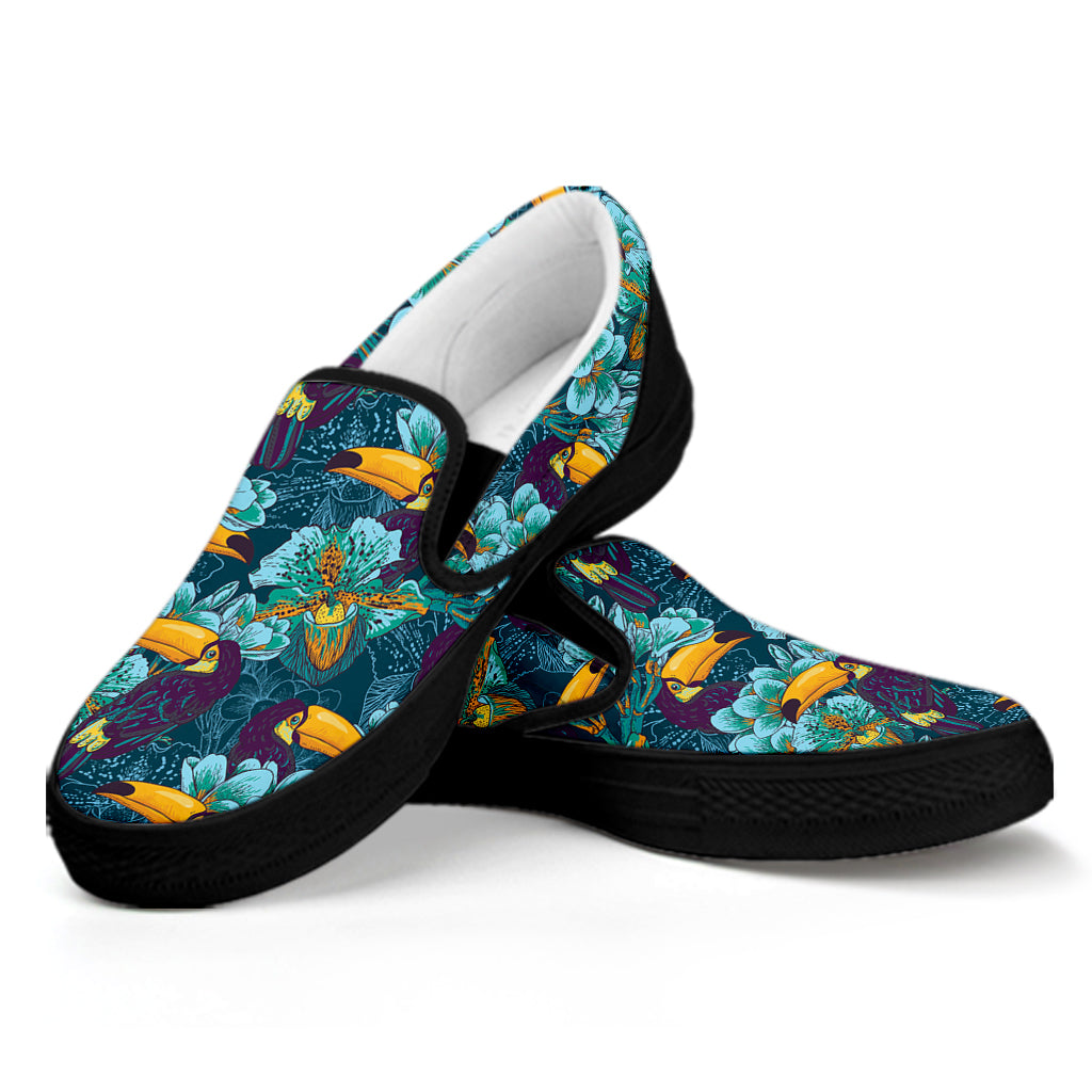 Vintage Toucan Pattern Print Black Slip On Shoes