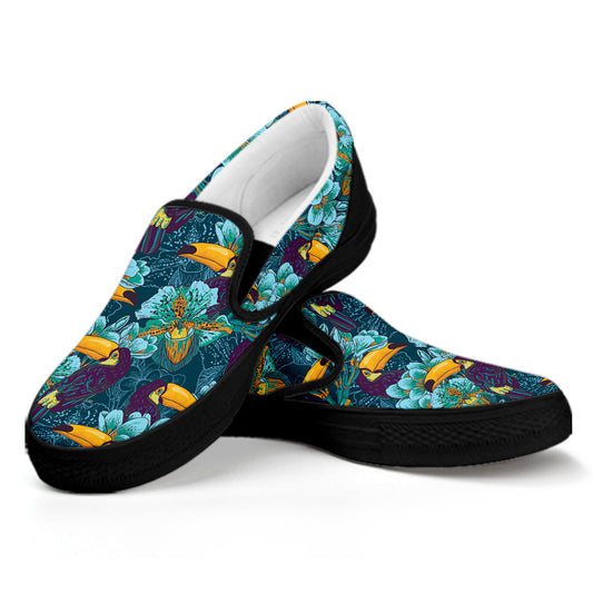 Vintage Toucan Pattern Print Black Slip On Shoes