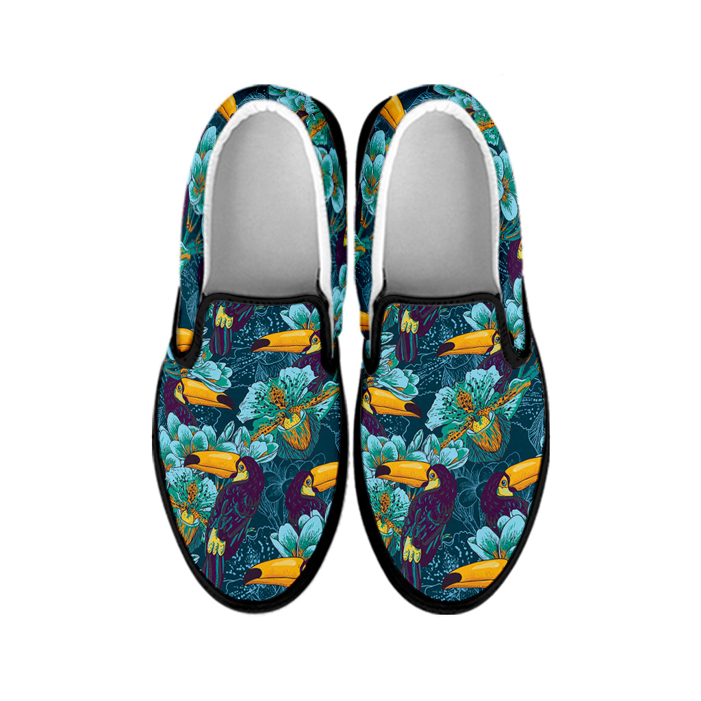 Vintage Toucan Pattern Print Black Slip On Shoes