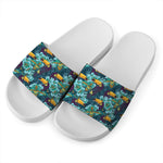 Vintage Toucan Pattern Print White Slide Sandals