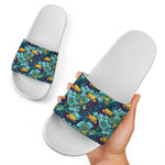Vintage Toucan Pattern Print White Slide Sandals