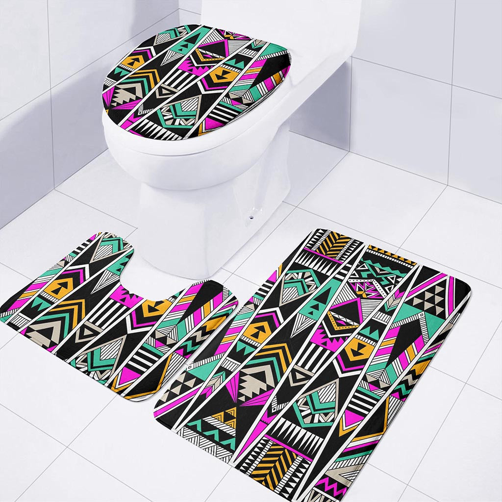 Vintage Tribal Aztec Pattern Print 3 Piece Bath Mat Set