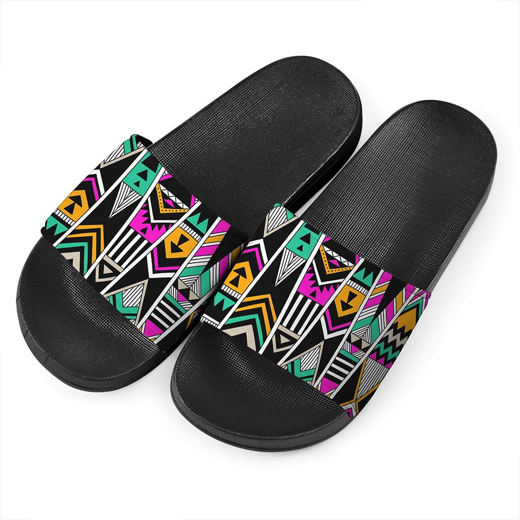 Vintage Tribal Aztec Pattern Print Black Slide Sandals