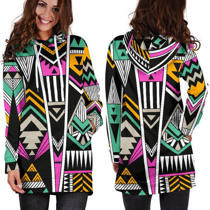 Vintage Tribal Aztec Pattern Print Hoodie Dress GearFrost
