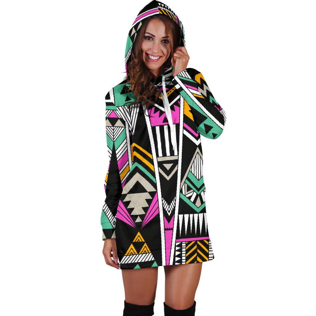 Vintage Tribal Aztec Pattern Print Hoodie Dress GearFrost
