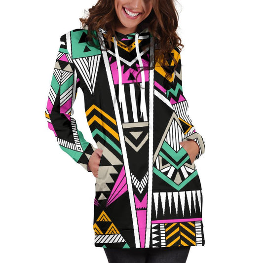 Vintage Tribal Aztec Pattern Print Hoodie Dress GearFrost